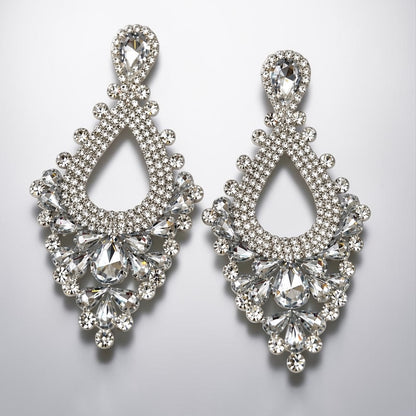 White Rhinestone Teardrop Statement Chandelier Earrings