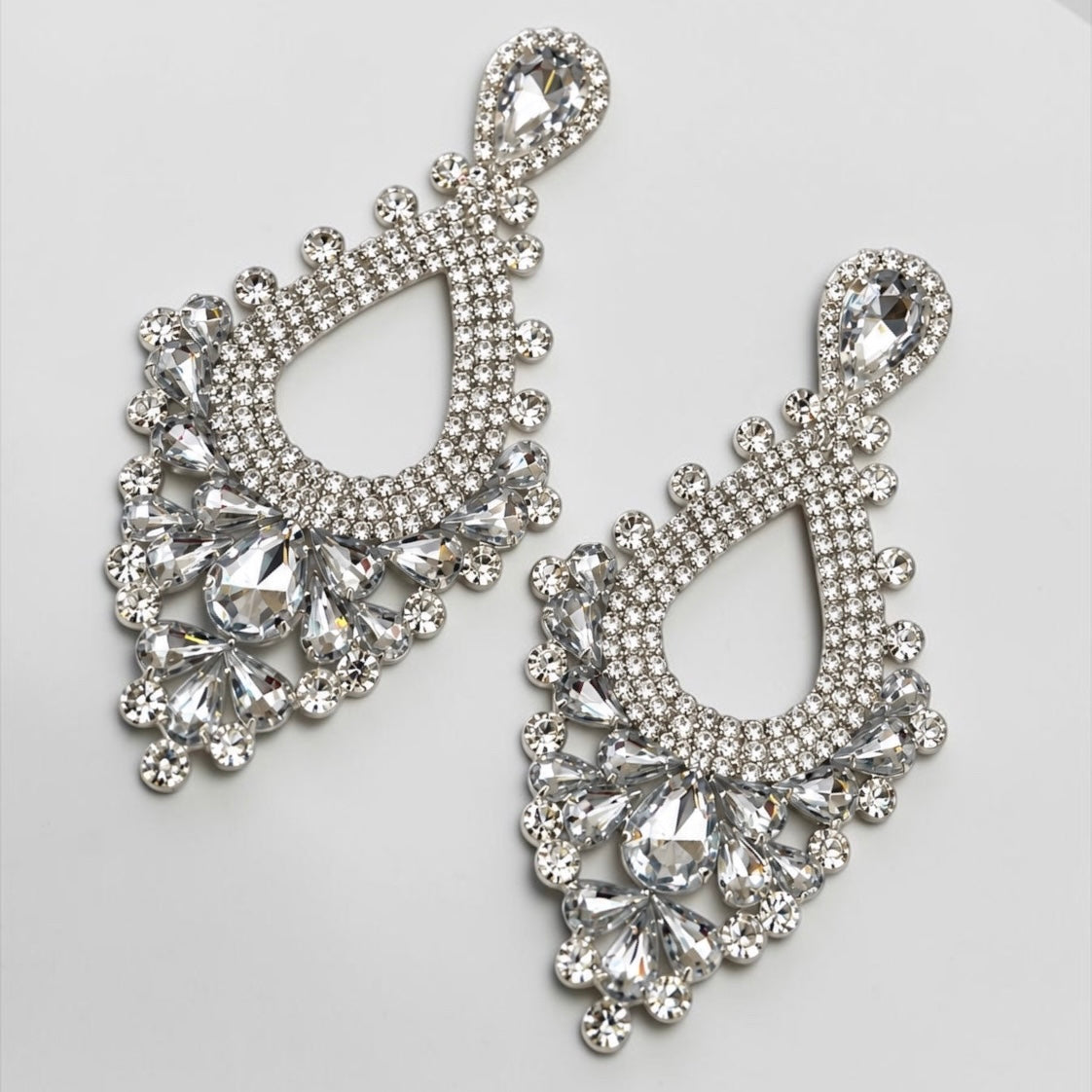 White Rhinestone Teardrop Statement Chandelier Earrings Fatisha Boutique
