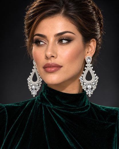 White Rhinestone Teardrop Statement Chandelier Earrings