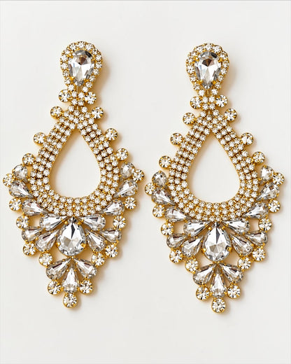 White Rhinestone Teardrop Statement Chandelier Earrings