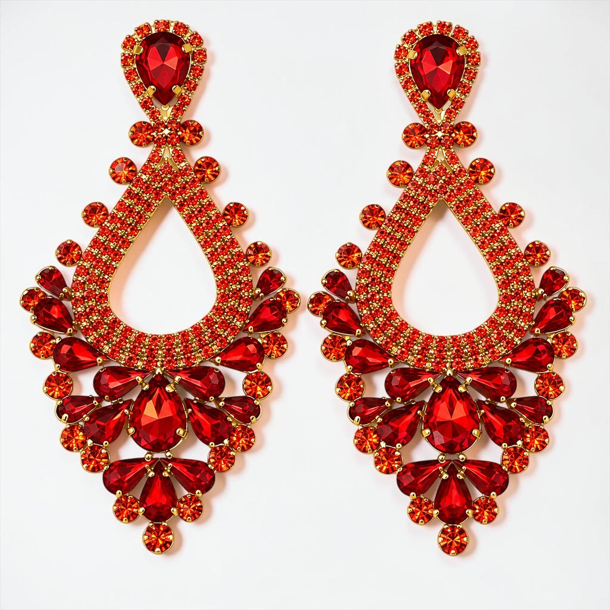 Red Rhinestone Teardrop Statement Chandelier Earrings Fatisha Boutique