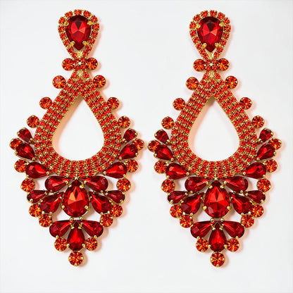 Red Rhinestone Teardrop Statement Chandelier Earrings