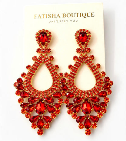 Red Rhinestone Teardrop Statement Chandelier Earrings