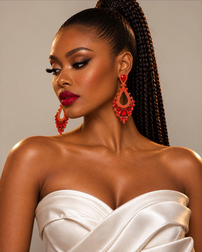 Red Rhinestone Teardrop Statement Chandelier Earrings