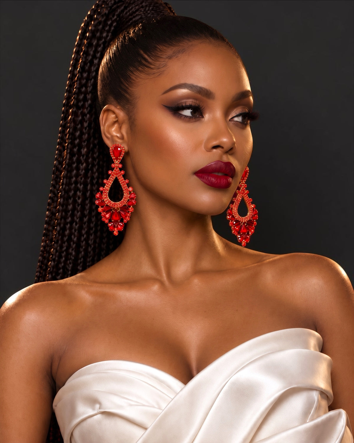 Red Rhinestone Teardrop Statement Chandelier Earrings Fatisha Boutique