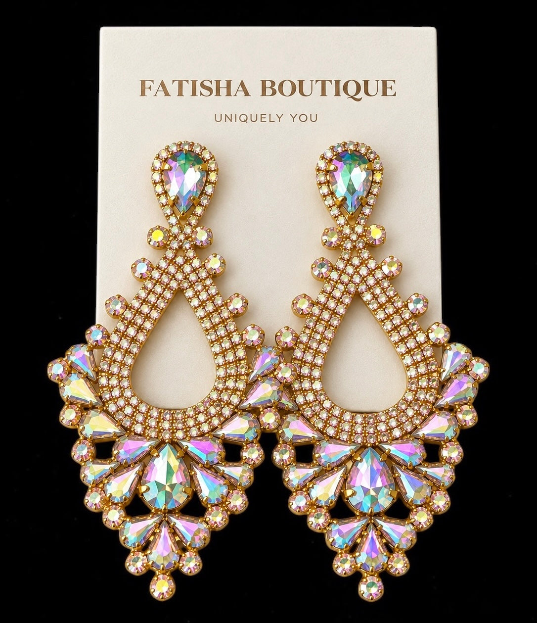 Iridescent AB Rhinestone Teardrop Statement Earrings Fatisha Boutique