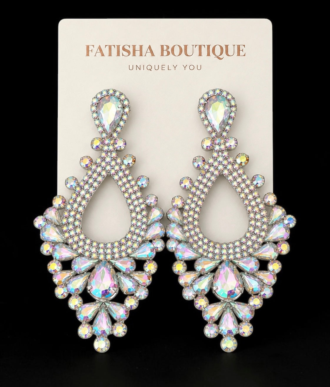 Iridescent AB Rhinestone Teardrop Statement Earrings Fatisha Boutique