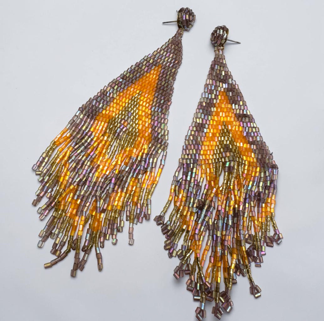 Extra-Long Purple, Amber & Gold Beaded Fringe Earrings - Fatisha Boutique