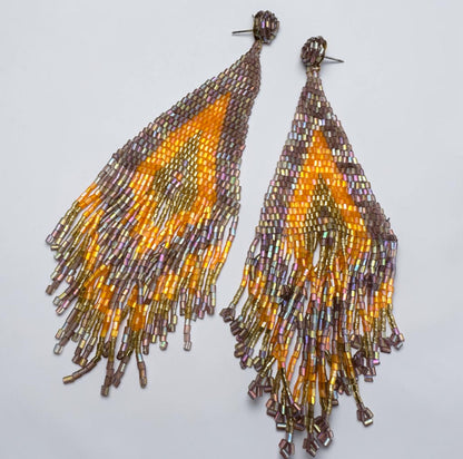 Extra-Long Purple, Amber & Gold Beaded Fringe Earrings - Fatisha Boutique