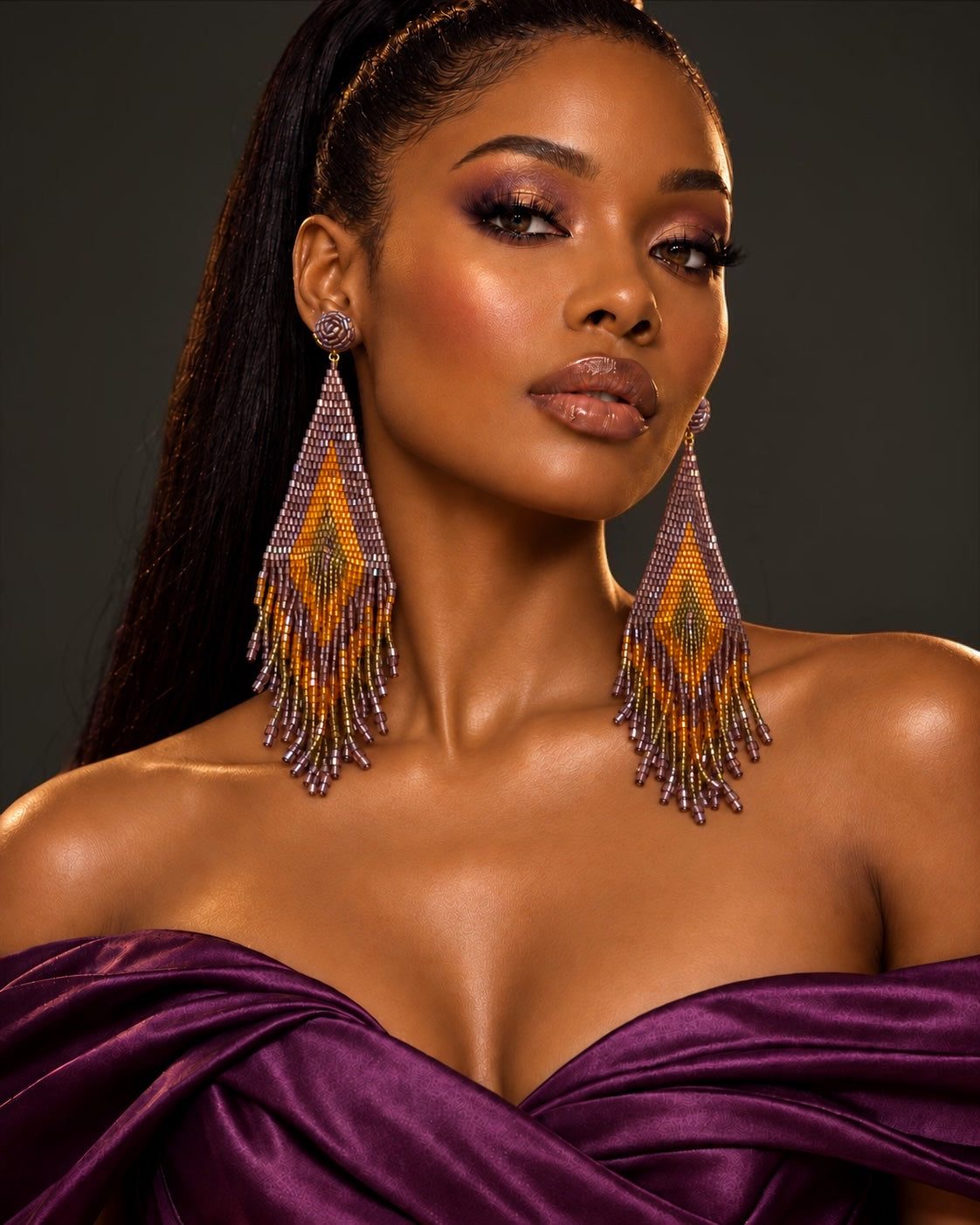 Extra-Long Purple, Amber & Gold Beaded Fringe Earrings - Fatisha Boutique Fatisha Boutique
