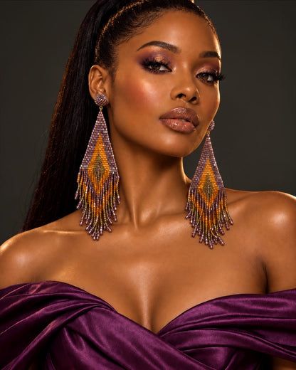 Extra-Long Purple, Amber & Gold Beaded Fringe Earrings - Fatisha Boutique
