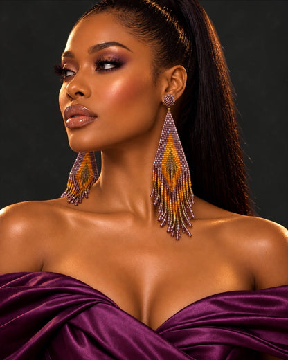 Extra-Long Purple, Amber & Gold Beaded Fringe Earrings - Fatisha Boutique