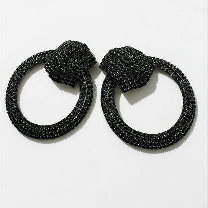Black Crystal Oversized Door Knocker Statement Earrings