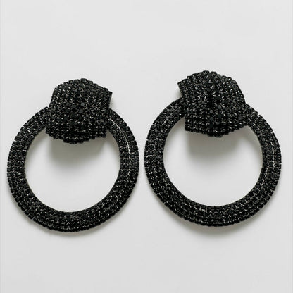 Black Crystal Oversized Door Knocker Statement Earrings