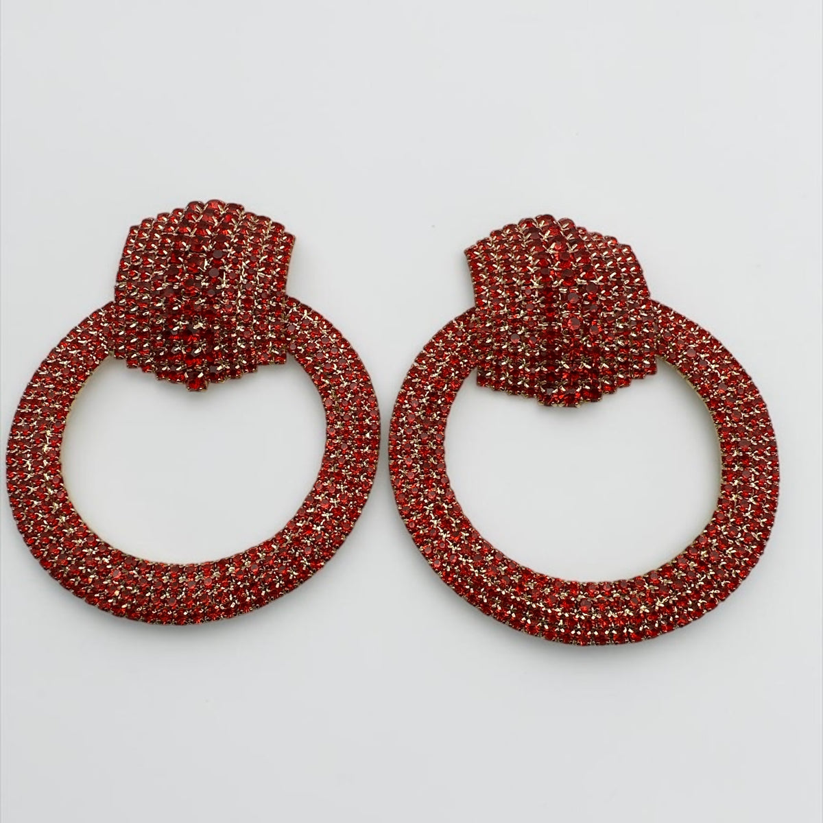 Red Crystal Oversized Door Knocker Statement Earrings