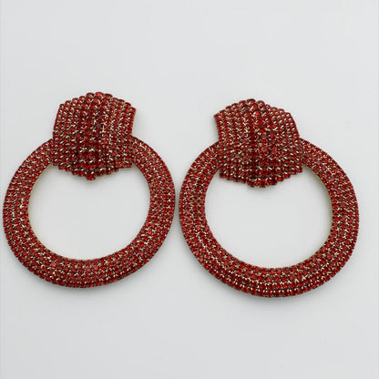 Red Crystal Oversized Door Knocker Statement Earrings
