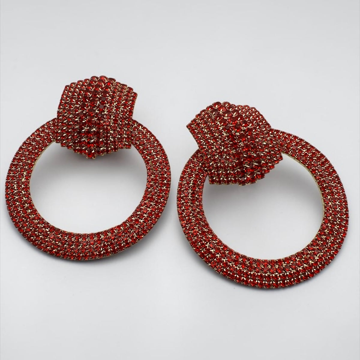 Red Crystal Oversized Door Knocker Statement Earrings Fatisha Boutique