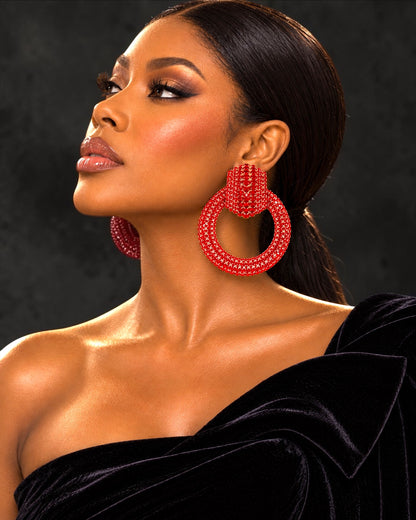 Red Crystal Oversized Door Knocker Statement Earrings
