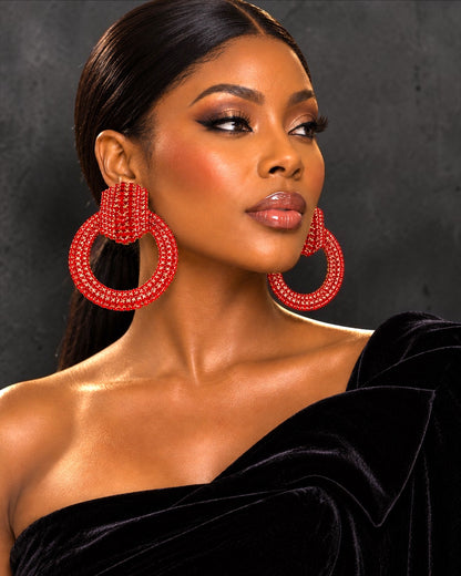Red Crystal Oversized Door Knocker Statement Earrings