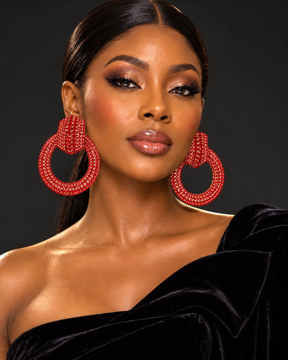 Red Crystal Oversized Door Knocker Statement Earrings Fatisha Boutique