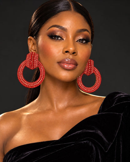 Red Crystal Oversized Door Knocker Statement Earrings