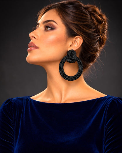 Black Crystal Oversized Door Knocker Statement Earrings