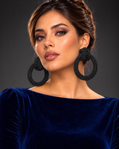 Black Crystal Oversized Door Knocker Statement Earrings