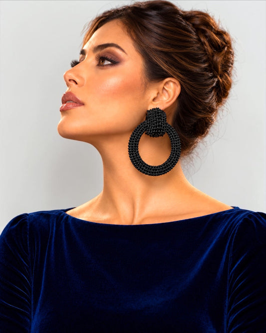 Black Crystal Oversized Door Knocker Statement Earrings - Fatisha Boutique