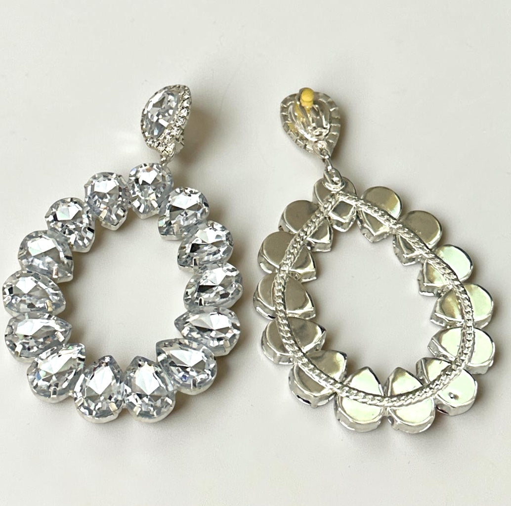 White Rhinestone Silver Statement Drop Earrings Fatisha Boutique
