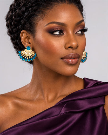 Blue Rhinestone Gold-Tone Fan Statement Earrings - Fatisha Boutique