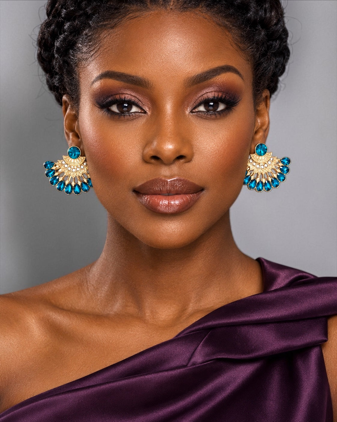 Blue Rhinestone Gold-Tone Fan Statement Earrings - Fatisha Boutique