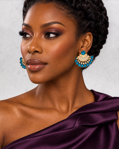 Blue Rhinestone Gold-Tone Fan Statement Earrings - Fatisha Boutique