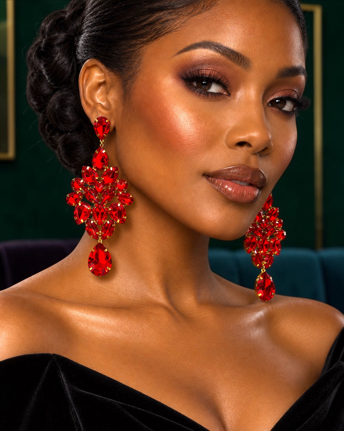 Red Rhinestone Gold-Tone Chandelier Drop Earrings - Fatisha Boutique Fatisha Boutique