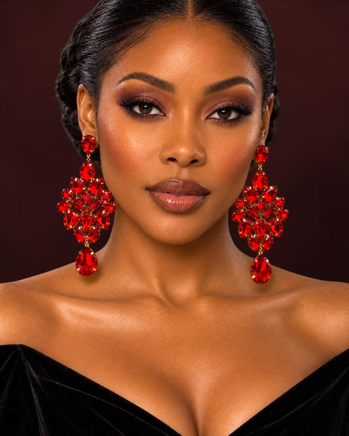 Red Rhinestone Gold-Tone Chandelier Drop Earrings - Fatisha Boutique