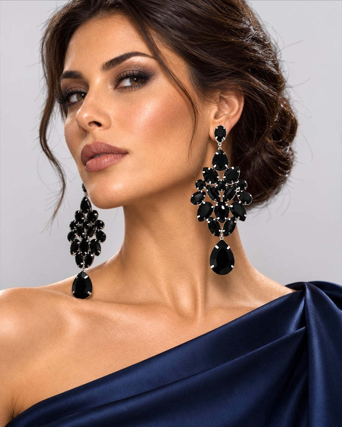 Black Rhinestone Silver-Tone Chandelier Drop Earrings