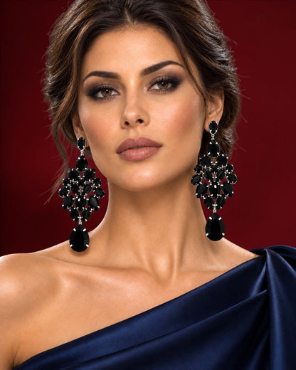 Black Rhinestone Silver-Tone Chandelier Drop Earrings