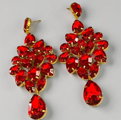 Red Rhinestone Gold-Tone Chandelier Drop Earrings