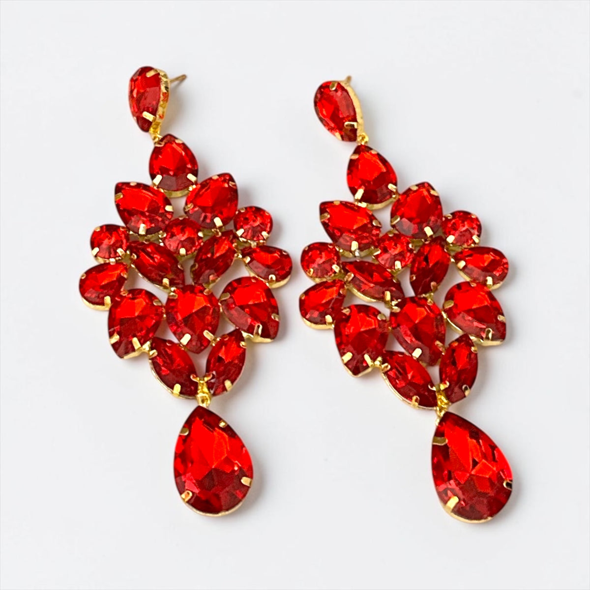 Red Rhinestone Gold-Tone Chandelier Drop Earrings Fatisha Boutique