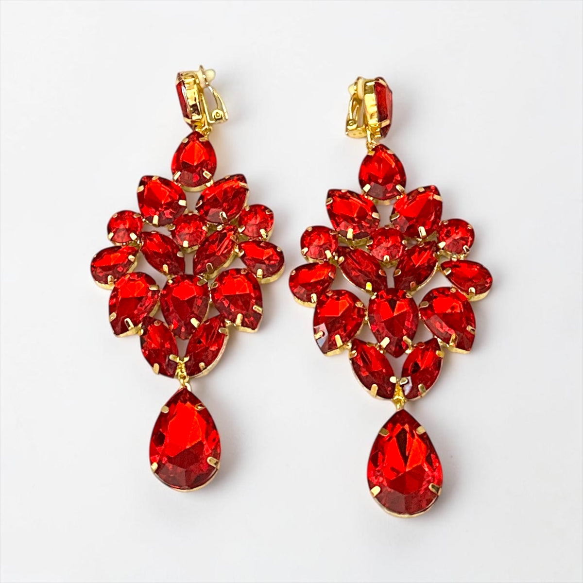 Red Rhinestone Gold-Tone Chandelier Drop Earrings