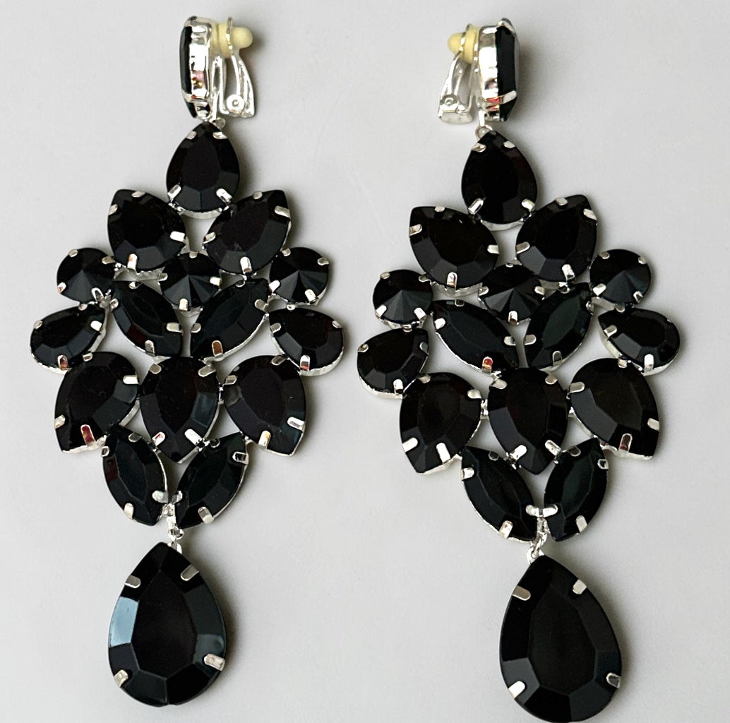 Black Rhinestone Silver-Tone Chandelier Drop Earrings Fatisha Boutique