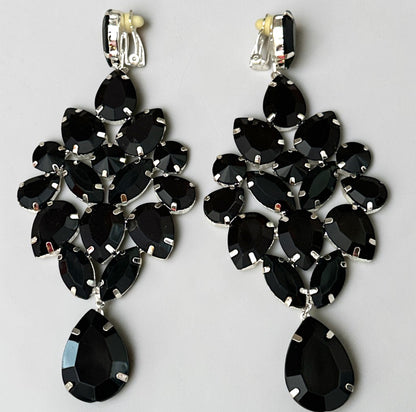 Black Rhinestone Silver-Tone Chandelier Drop Earrings