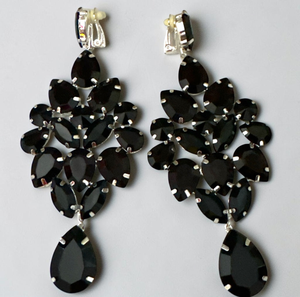 Black Rhinestone Silver-Tone Chandelier Drop Earrings Fatisha Boutique