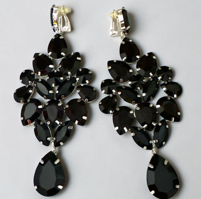Black Rhinestone Silver-Tone Chandelier Drop Earrings