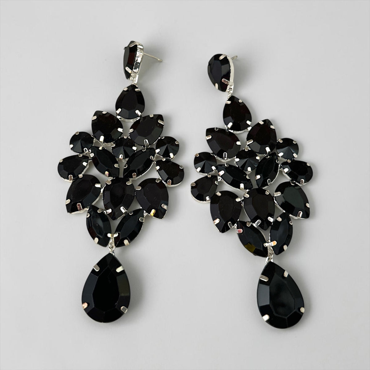Black Rhinestone Silver-Tone Chandelier Drop Earrings Fatisha Boutique