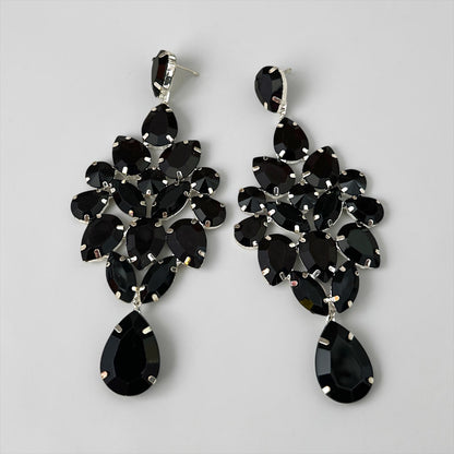 Black Rhinestone Silver-Tone Chandelier Drop Earrings