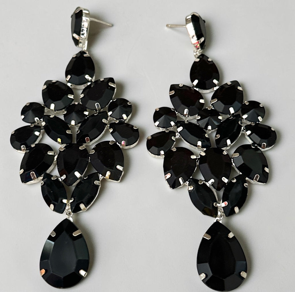 Black Rhinestone Silver-Tone Chandelier Drop Earrings Fatisha Boutique