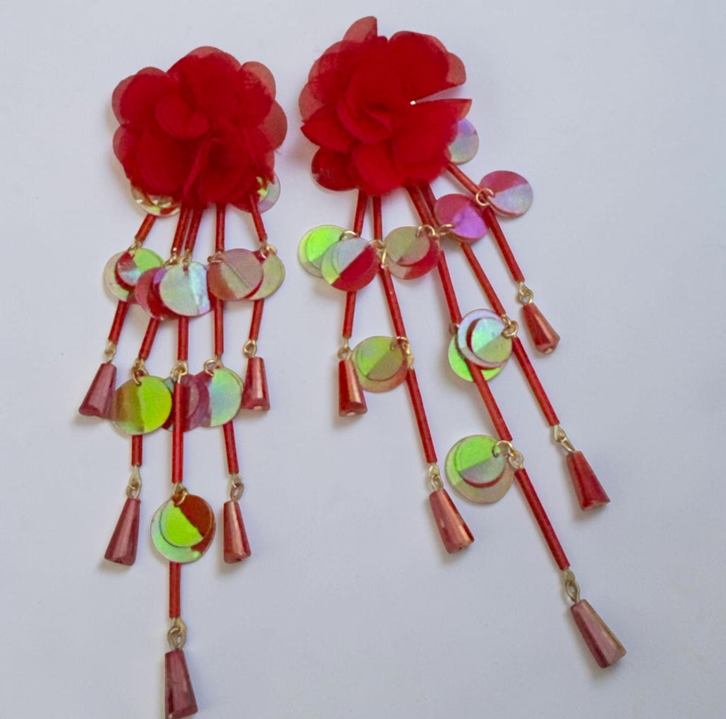 Long Iridescent Flower Sequin Tassel Drop Earrings - Fatisha Boutique Fatisha Boutique