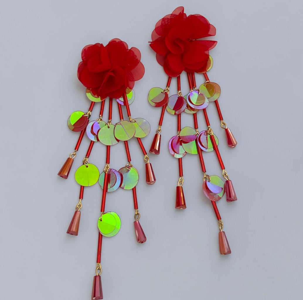 Long Iridescent Flower Sequin Tassel Drop Earrings - Fatisha Boutique