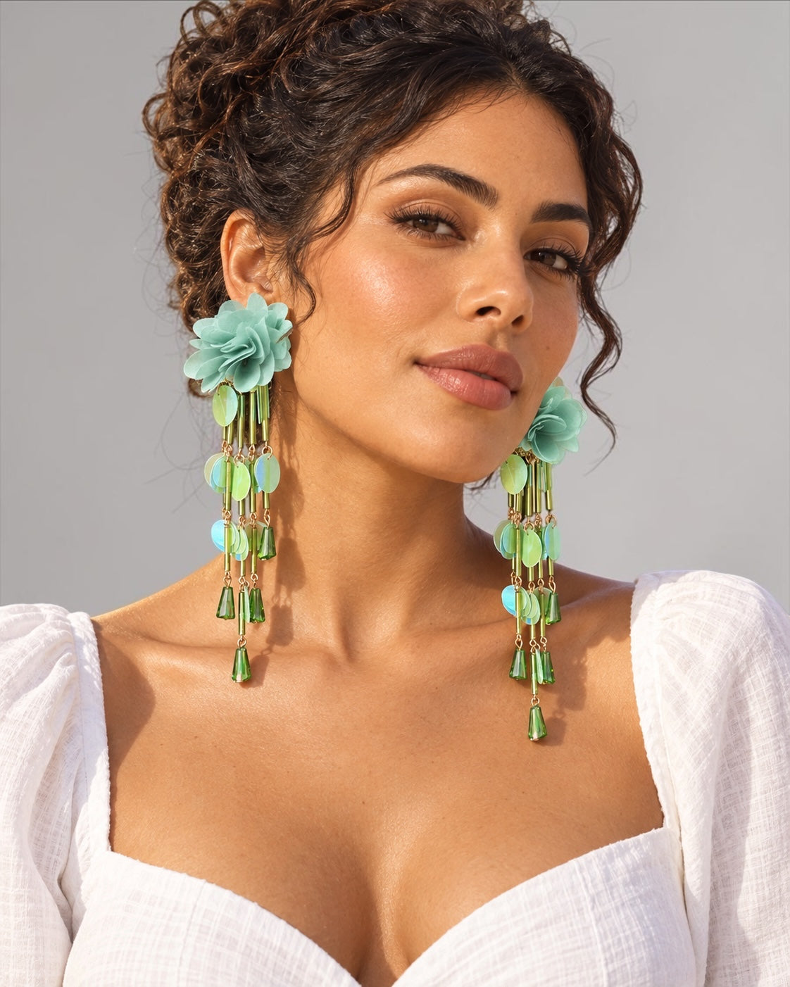 Long Iridescent Flower Sequin Tassel Drop Earrings - Fatisha Boutique Fatisha Boutique