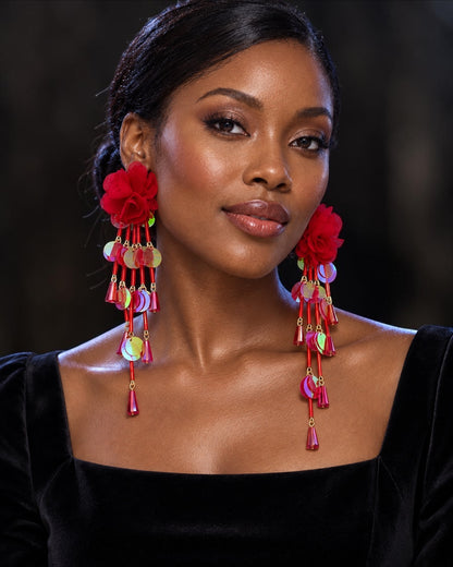 Long Iridescent Flower Sequin Tassel Drop Earrings - Fatisha Boutique